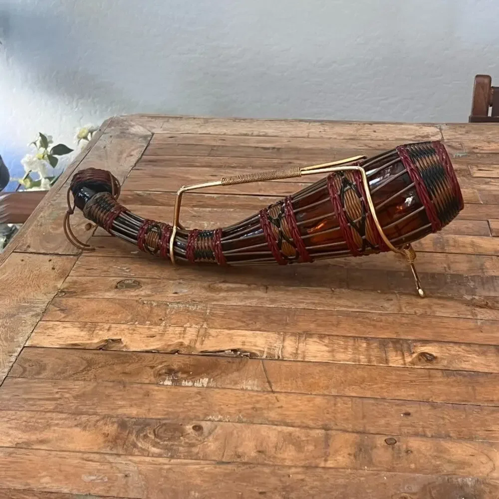 Vintage Plastic Wicker Wrapped Wine Bottle Decanter Iberia 60’s Red Brown Black
